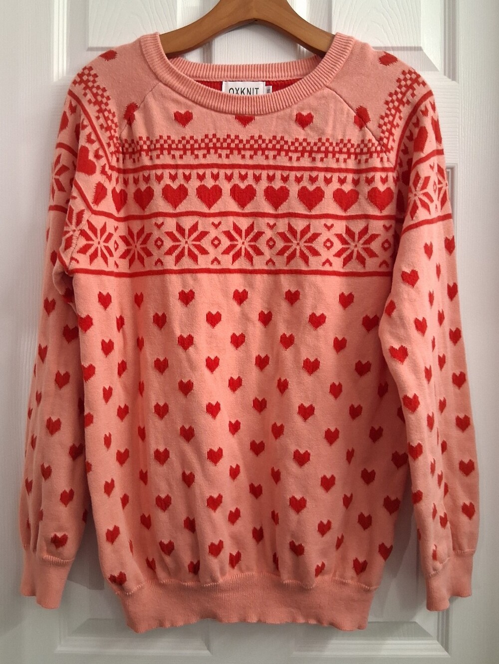 Pink And Red Heart Print Oxknit Brand Sweater XL